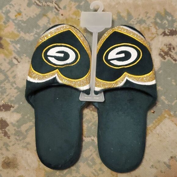 GREEN BAY PACKERS WOMENS GLITTER SLIDE SLIPPERs XL - Picture 1 of 4